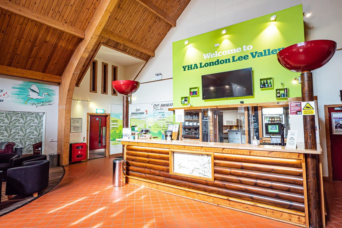 Reception area in the main lodge at YHA London Lee Valley